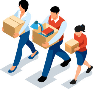 3人の男女がそれぞれ段ボールを1箱ずつ運んでいる様子のイラスト