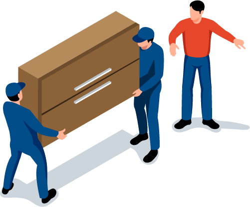 業者が2人がかりで大きなクローゼットを運んでいる様子のイラスト